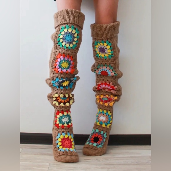 NEW! Granny Square Cozy Plush Thigh High Socks - Picture 3 of 5